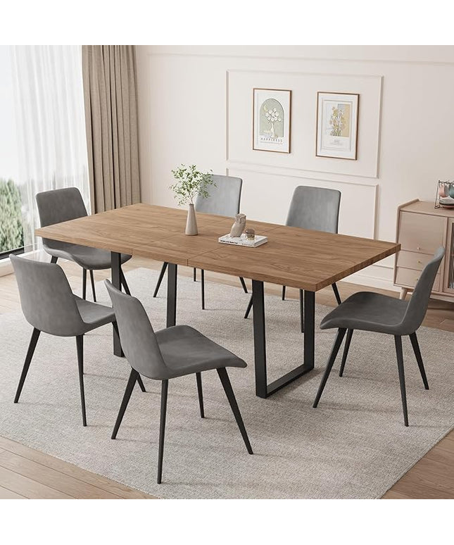 ZckyCine 67" Expandable Walnut Dining Table and 6 Upholstered Chairs, 7-Piece Dining Room Furniture Set, Mid-Century Modern Style for Home, Dining Room and Kitchen