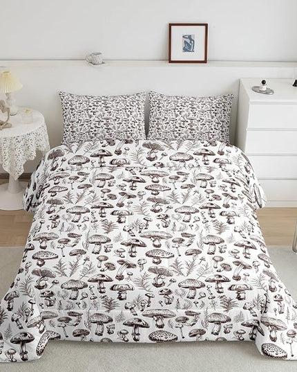 Manfei Mushroom Kids Comforter Set Queen Size,Hand Drawn Sketch Bedding Set,Boys Girls Room Decor,Botanical Plants Weed Flowers Rustic Down Comforter,Brown White Boho Retro Duvet Insert,2 Pillowcases