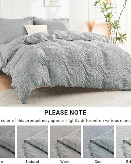 HYMOKEGE Light Grey Oversized Queen Comforter Set Seersucker 7 Pieces, All Season Luxury Bed in a Bag for Bedroom, Bedding Set with Comforter, Sheets, Pillowcases & Shams