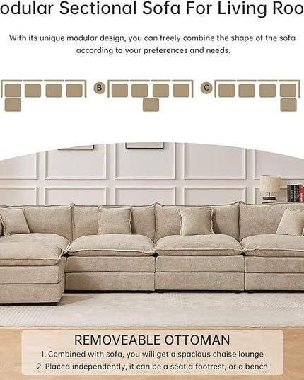 Modular Sectional Sofa, 147.2 Inch L Shaped Couch Set with Armrests, 4-Seater Comfy Cloud Couches with Movable Ottoman for Living Room Apartment, Coffee