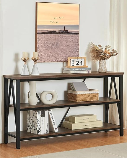 HOMISSUE Entryway Console Table, Rustic Couch with Wide Storage, Industrial Sofa Tables with 3-Tier Open Shelves, Entryway Table for Living Room, Hallway, Brown, 55 Inch