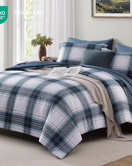 MaiRêve Twin XL Size Plaid Comforter Set Blue White, Classic 5 Pieces Farmhouse Bedding Set, All Season Lightweight Bed in A Bag with Sheets, Pillowcase & Sham