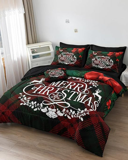 Bedbay Christmas Comforter Set Queen Size Bedding Set Xmas Bow Buffalo Checkered 8 Pcs Christmas Bedding Set 1 Comforter 4 Pillowcases 1 Cushion Cover 1 Flat Sheet 1 Fitted Sheet