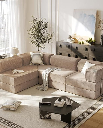 108" L Shaped Couch, Modular Sectional Sofa with Chaise, Cloud Boneless Couch with Deep Seat & Removable Pillow for Living Room, Bedroom,No Assembly Required（Camel）