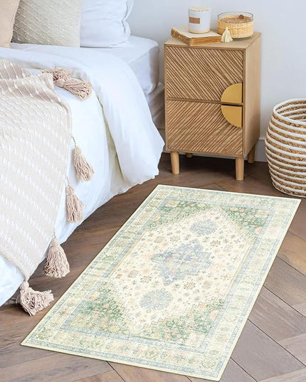 MUJOO Small Rug,2x3 Washable Area Rugs for Bathroom Entryway Entry Entrance Bedroom,Indoor Front Door Mat Non Slip Throw Carpet Low Pile Boho Light Green and Blue