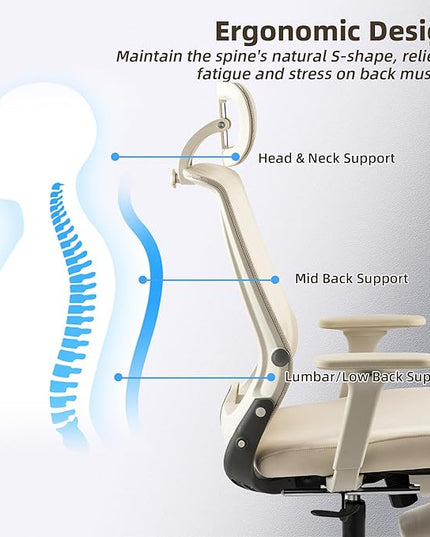 Foldable Office Chair with Foot Rest, Ergonomic Office Chair with Adjustable Lumbar Support, Headrest, Armrest, Home Office Desk Chair for Space Saving, Work from Home, Cream