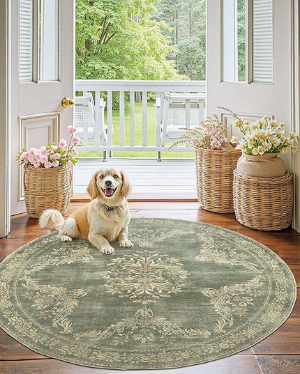 jinchan Round Rug 5ft Area Rugs Vintage Floral Distressed Design Machine Washable Soft Non-Slip Low-Pile Ultra-Thin Christmas Circle Rug for Entryway Living Room Dining Room (5' Round, Dark Green)