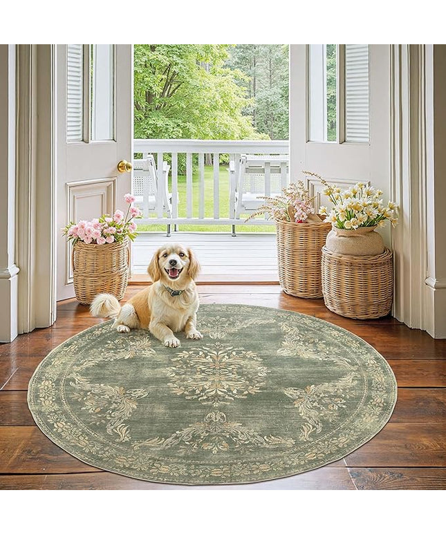 jinchan Round Rug 5ft Area Rugs Vintage Floral Distressed Design Machine Washable Soft Non-Slip Low-Pile Ultra-Thin Christmas Circle Rug for Entryway Living Room Dining Room (5' Round, Dark Green)