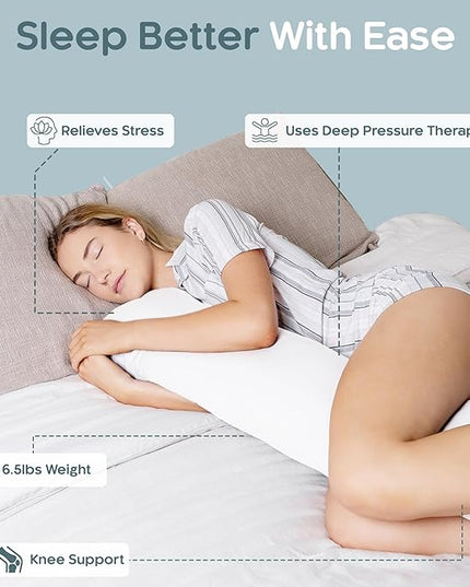 Weighted Body Pillow 6.5lbs - Weighted Pillow for Deeper Sleep (41” x 10”) - Cooling Body Pillows for Adults, Full Body Pillow for Adults, Side Sleeper Body Pillows with Cover (White)