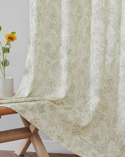 Lazzzy Linen Farmhouse Curtains for Living Room 90 Inch Length Floral Print Window Curtains Semi Sheer Drapes for Bedroom Country Light Filtering Curtain Grommet Top 2 Panels Green on Beige