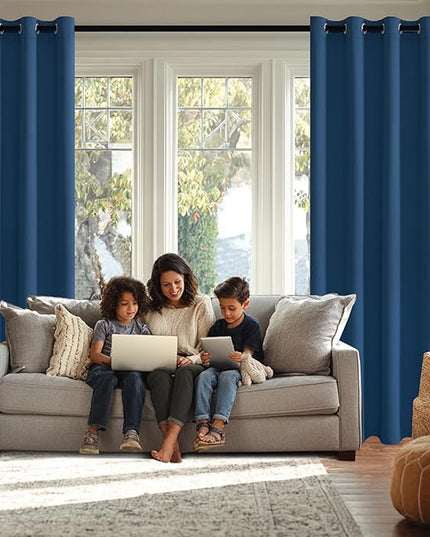 JIUZHEN Classic Blue Blackout Curtains with Tiebacks Thermal Insulated, Light Blocking and Noise Reducing Grommet Curtains for and Living Room, Set of 2 Window Curtain Panels, 42 x 72 Inch Length