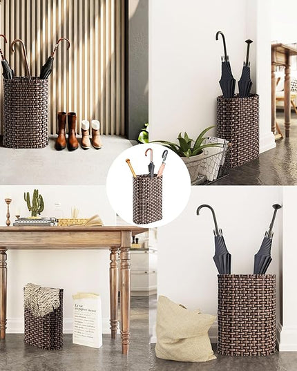 PEMAR Wicker Umbrella Holder Indoor Outdoor, Decorative Hand Woven Umbrella Stand Rack for Home, Entryway Rustic Farmhouse Multipurpose Narrow Tall Basket (Brown)