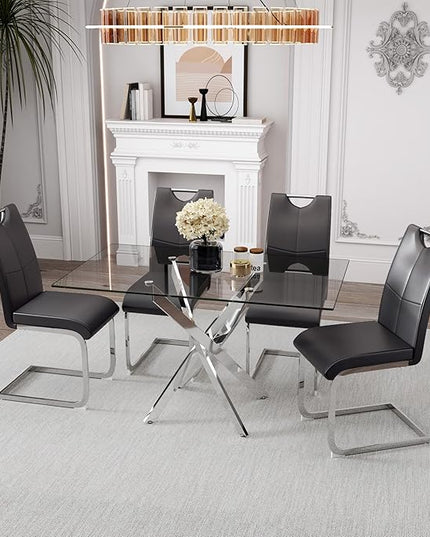 5 Piece Dining Table Table Set, Modern Tempered Glass Dining Table Set for 4 Kitchen Table Set with 4 Upholstered Chairs for Kitchen Dining Room (Sliver Table with Grey Hoop Leg Chairs)