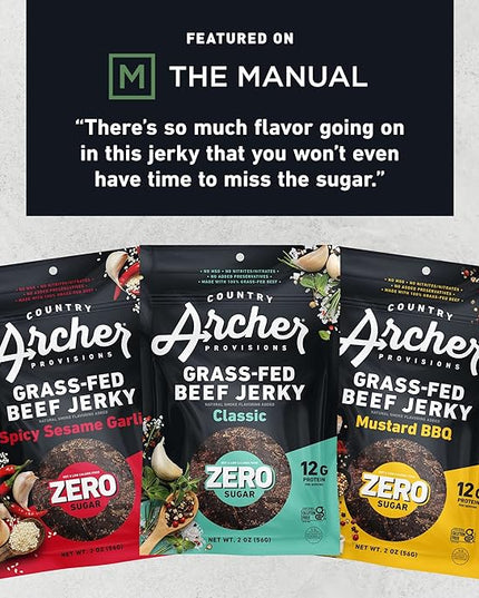 Country Archer Grass-Fed Beef Jerky Variety Pack - Beef Jerky Snack Packs, Beef Jerky Assortment, Jerky Sampler with Classic, Mustard BBQ and Spicy Sesame Garlic - 2 oz (Pack of 6)