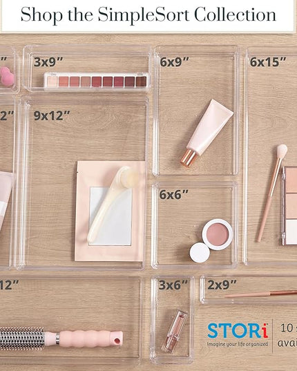 STORi SimpleSort 3-Piece Stackable Clear Drawer Organizer Set | 9" x 6" x 2" Rectangle Trays | Wide Makeup Vanity Storage Bins and Office Desk Drawer Dividers | Made in USA