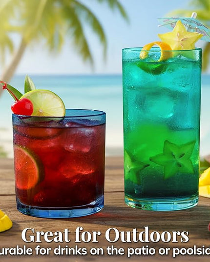 US Acrylic Classic Plastic Reusable Drinking Glasses (Set of 8) 12oz Rocks & 16oz Water Cups in Coastal Colors | BPA-Free Tumblers, Made in USA | Top-Rack Dishwasher Safe