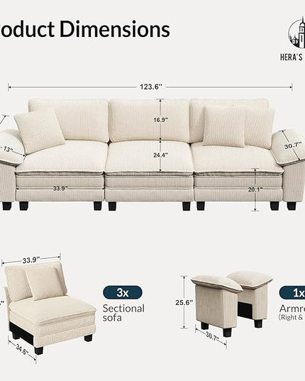 HERA'S HOUSE 124" Modular Sectional Sofa, Oversized Couches for Living Room, Comfy Cloud Couch 3-Seater Deep Seat Sofa with Throw Pillow, Corduroy Beige