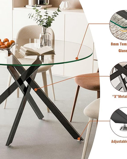 47.24" Round Glass Dining Table Modern Kitchen Glass Top Table for 6 with Black Metal Legs, Clear Dining Table Kitchen Table for Home Office Dining Room