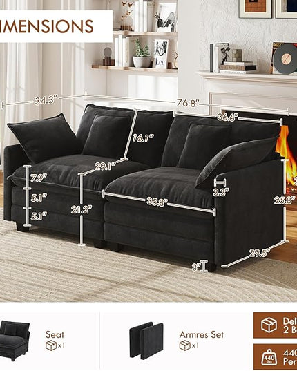 WorthFurni 77 Inch Cloud Sofa Loveseat, Comfy Sectional Couch, 2-Seater Chenille Deep Seat Sofa with Throw Pillows for Living Room Bedroom Apartment (Black)