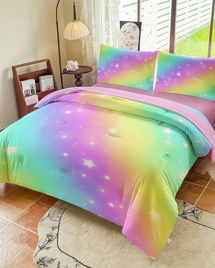 Rainbow Bedding Set Full Size – 5 Piece Reversible Girls Comforter with Deep-Pocket Sheet, Gradient Galaxy Design, Whole-Piece Filling, Machine Washable Bed-in-a-Bag for Kids Room Makeover & Gifts