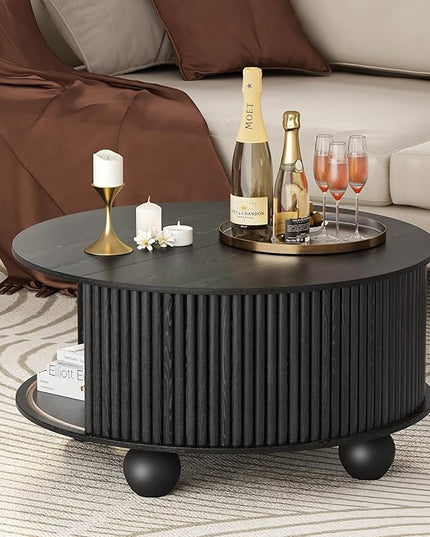 Round Coffee Table with Storage, 31.5" Circle Coffee Table with Sliding Door & Bun Feet, Fluted Center Table for Living Room, Home Small Space, Black