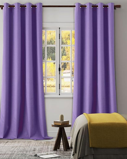 100% Blackout Purple Curtains 64 Inch Length for Bedroom, Linen Textured Heat Blocking Thermal Insulated Grommet Drapes for Kitchen, Purple, W37 x L64, 2 Panels