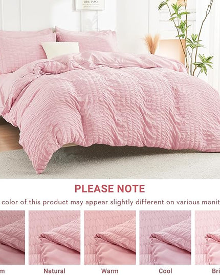 HYMOKEGE Pink Twin Comforter Set Seersucker 5 Pieces, All Season Luxury Bed in a Bag for Bedroom, Bedding Set with Comforters, Sheets, Pillowcase & Sham