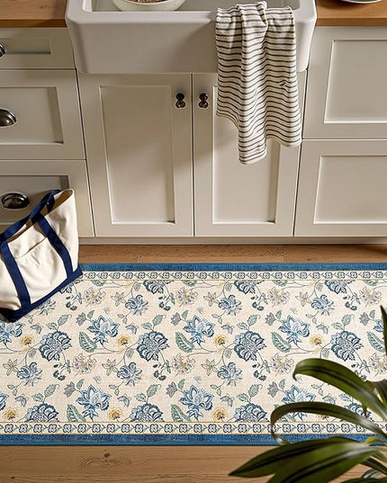 jinchan Elora 2x5 Floral Runner Rug for Hallway Washable Kitchen Runner Vintage Romance Design Non Slip Thin Indoor Floor Cover Low-Profile Throw Carpet for Entryway Bathroom Bedroom Porch, Blue/Beige