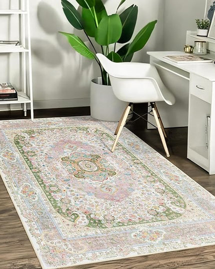 Pink Rug 3x5,Washable Area Rugs for Bedroom Living Room Kitchen Entryway,Small Boho Vintage Bohemian Distressed Non Slip Carpet,Blush Green