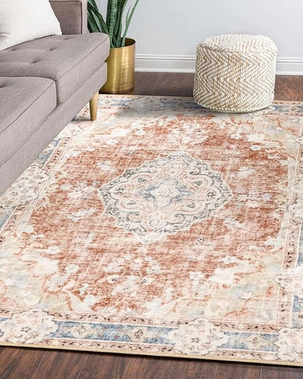 MUJOO 5'x7' Machine Washable Area Rugs for Living Room, Boho, Bedroom Laundry Room Kitchen Non Slip Carpet Abstract Soft Low-Pile Orange Navy Blue Floral.