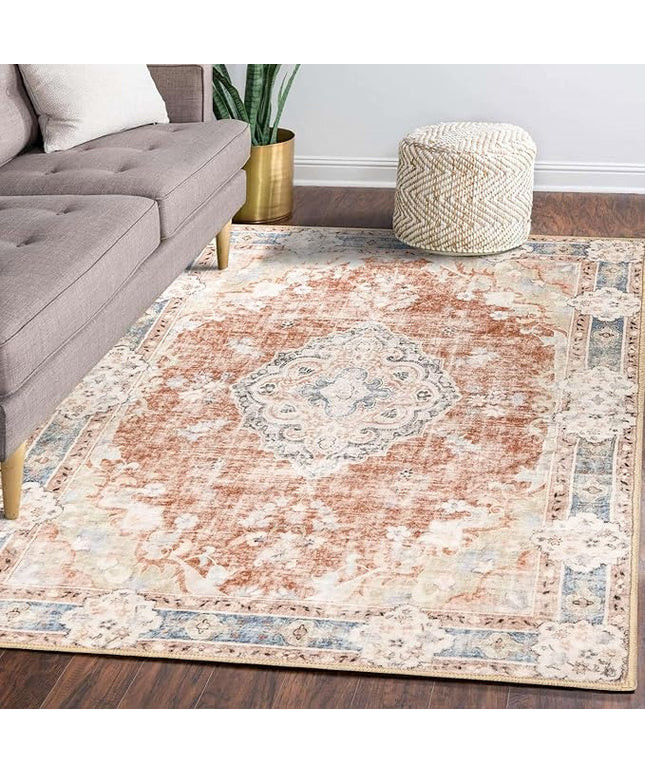 MUJOO 5'x7' Machine Washable Area Rugs for Living Room, Boho, Bedroom Laundry Room Kitchen Non Slip Carpet Abstract Soft Low-Pile Orange Navy Blue Floral.
