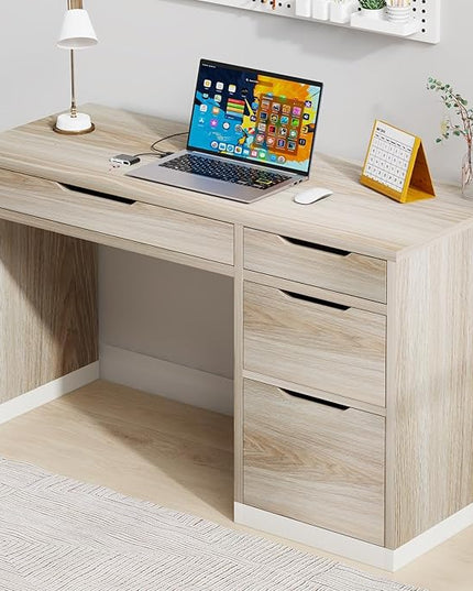 52 Inch Desk with 4 Drawers, Computer Desk with Storage File Cabinet for Bedroom, Small Office Desk with Storage for Small Space, White and Walnut