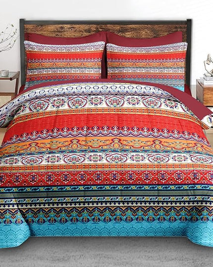 Comforter Set Full Size, Vintage Paisley Leaf Floral 7 Pcs Bedding for Kids and Adults, Ethnic Geometric Flower Bed Sheet Sets with Fitted Sheet 2 Pillowcases & 2 Shams
