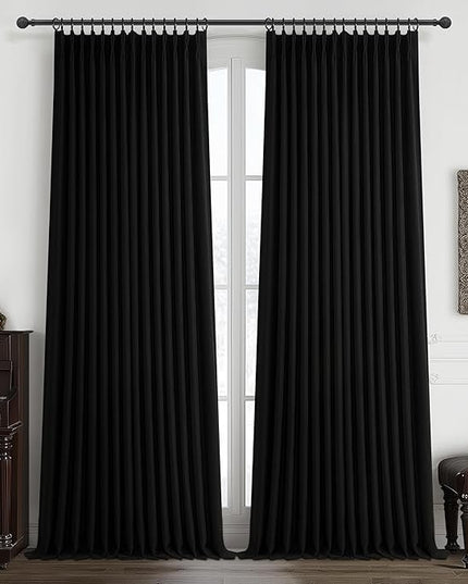 Floor to Ceiling Black Linen Curtains 102 Inches Long for Dining Room 2 Panels Set, Full Blackout Pinch Pleated Thermal Heat Reducing Drapes with Hooks for 100-102 Inch Large Window Double Layer Burg
