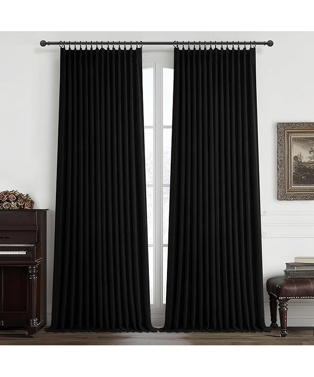 High Ceiling Extra Long Pinch Pleated Black Out 108 Inch Curtains for Patio Sliding Door, Textured Blackout Natural Linen 2 Layer Tall Curtain 9 FT Length Drapes for Dining Room Windows 2 Panels Decor