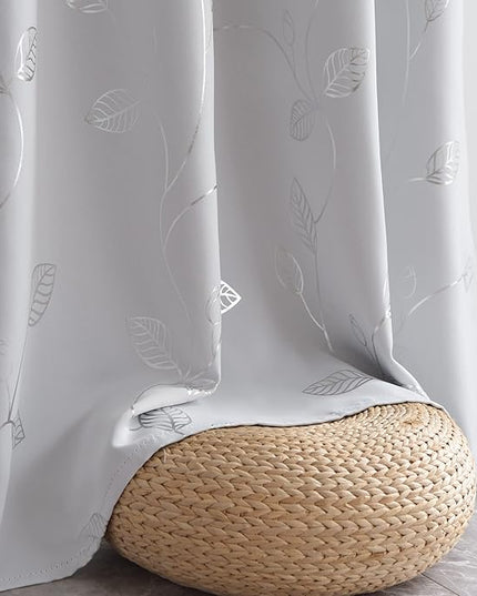 BUHUA Heat Blocking Curtains, Black Out Curtains 95 Inch Long 2 Panels Burg, Soundproof Curtains with Silver Leaf Printed (52 x 95 Inch, Greyish White, Set of 2 Panels)