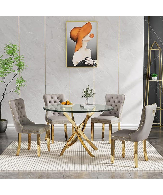 HomVent Round Glass Dining Table Set for 4, Modern Tempered Glass Kitchen Table Set and Chairs, Round Glass Dining Room Table Set for Kitchen (Gold, 36 inch Gold Table with 4 Grey Chairs)