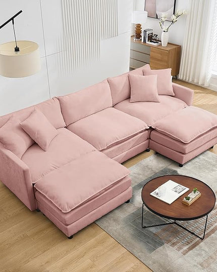 Modular Sectional Sofa, 108.27'' Modern Sleeper Couch with 3 Seat & 2 Ottoman & 3 Pillows Sofa Set, Comfy Cloud Couches with Movable Ottoman Deep Seat Sofa for Living Room,Chenille (Pink, U Shaped)