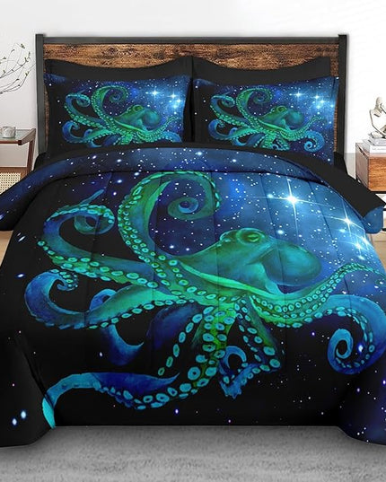 Comforter Set Queen Size, Blue Octopus Sea 7 Pcs Bedding for Kids and Adults, Space Colorful Star Bed Sheet Sets with Fitted Sheet 2 Pillowcases & 2 Shams for Bedroom Bed Decor