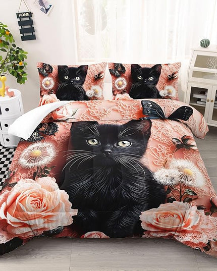 AILONEN Kids Cute Black Kitten Print Bedding Sets for Room Decor Queen Size,Pink Flowers Butterfly Comforter Set for Kids Girls,Kawaii Animal Duvet Set,3-Piece, 1 Quilt and 2 Pillowcases,Soft