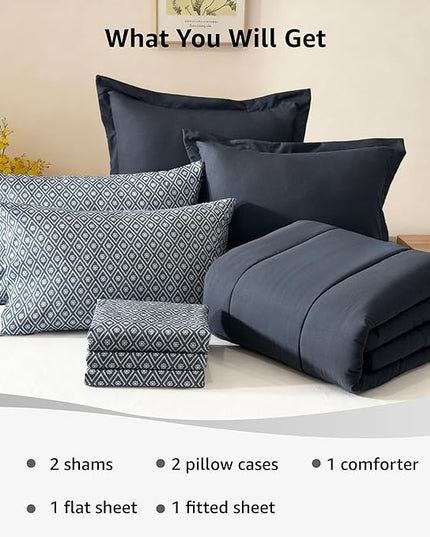 Monbix Full Comforter Set - 7 Pieces Blue Grey Bed in a Bag Full Size Track Stitching Bedding Sets, All Seasons Down Alternative Comforter with Sheets,Pillowcases & Shams