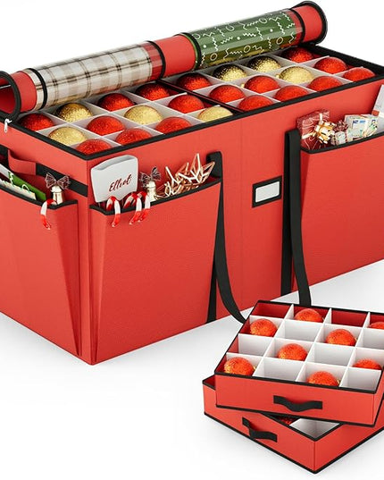 VERONLY Christmas Ornaments Storage Box with Adjustable Dividers - 8 Layers & 128 Compartments, Large Ornament Organizer with Lid for Xmas Decorations, Shatterproof Tray Design, 600D Oxford (Red)