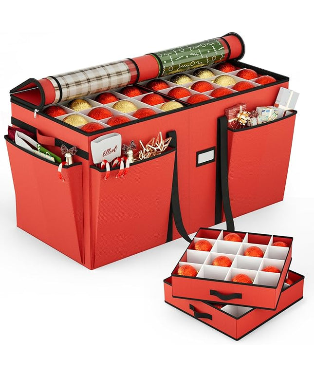 VERONLY Christmas Ornaments Storage Box with Adjustable Dividers - 8 Layers & 128 Compartments, Large Ornament Organizer with Lid for Xmas Decorations, Shatterproof Tray Design, 600D Oxford (Red)