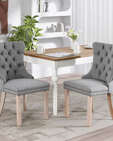 SoarFlash Linen Fabric Dining Chair Set of 2, Upholstered Tufted Dining Room Chair with Nailhead Trim, Solid Light Color Wood Leg for Kitchen (Smoky Gray)
