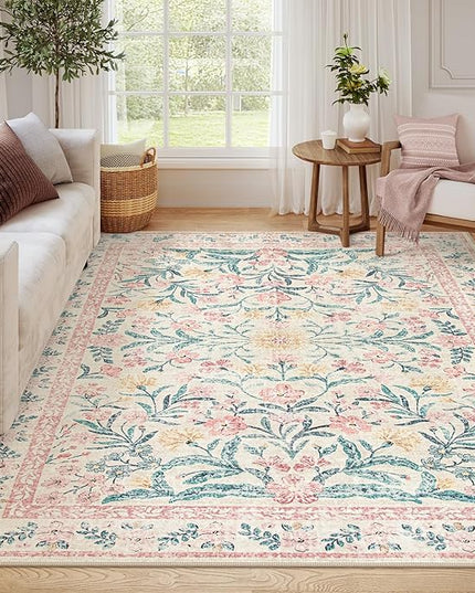Wonnitar 8x10 Washbale Rugs for Living Room, Boho Pink Room Decor for Girls Bedroom, 8 x 10 Soft Non Slip Low Pile Indoor Floral Carpet for Kids Room Playroom Toddler Nursery