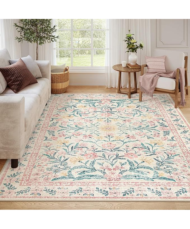 Wonnitar 8x10 Washbale Rugs for Living Room, Boho Pink Room Decor for Girls Bedroom, 8 x 10 Soft Non Slip Low Pile Indoor Floral Carpet for Kids Room Playroom Toddler Nursery