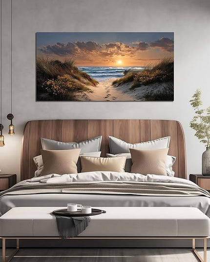 Ouzzlie Brown Wall Art Sunset Wall Decor Landscape Picture Art Print Seascape Canvas Large Coastal Blue Ocean Artwork for Living Room Bedroom Office 29" x 59"