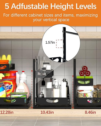Under Sink Organizer with Pull-Out Drawers,Kitchen Sink Organizer,2 Tier Bathroom Organizers And Storage,Bathroom Accessories Set,Black 1 Pack