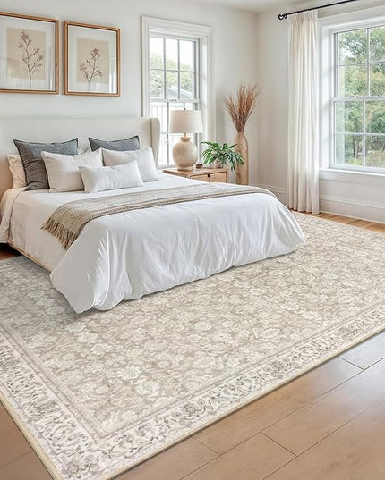 9x12 Area Rug, Cream Beige White Grey Large Washable Rug for Living Room with Non-Slip Soft Vintage Bedroom Rugs Traditional Farmhouse Carpet for Nusery Dining Room Office Home Décor