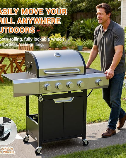 Upgraded 51,000 BTU Stainless Steel Burner Barbecue Grill, 4 Burner BBQ Propane Gas Grill with Side Burner, 452 sq.in Cooking Area with Porcelain for Patio, Camping, Outdoor Cooking